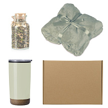 Подарочный набор с пледом, термокружкой и чаем, оливковый