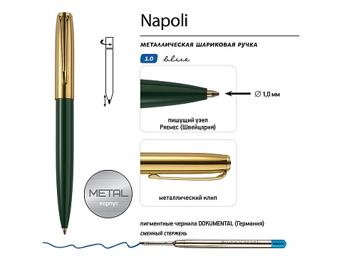 Ручка металлическая шариковая Napoli, зеленый/золотистый - рис 3.