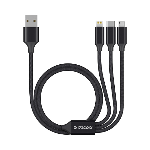 Дата-кабель 3 в 1: micro USB, USB-C, Ligthning, алюминий, 1.2м, черный, Deppa - рис 2.