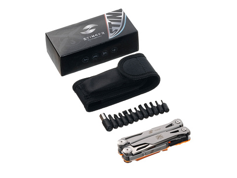 Мультитул Stinger, 106 мм, 15 функций, сталь/АБС-пластик, оранжевый, в комплекте нейлоновый чехол - рис 6.