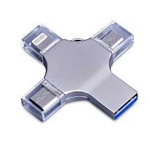 USB-флешка на 128 Гб 4 в 1 поворотный механизм, c дополнительными разъемами MicroUSB, TypeC и Lightning, серебристый