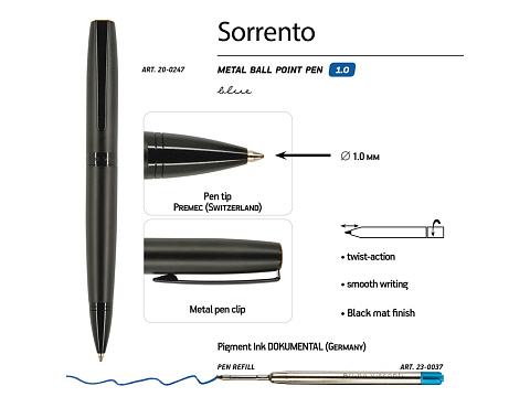 Ручка металлическая шариковая Sorento, 1,0мм, синие чернила, черный - рис 3.