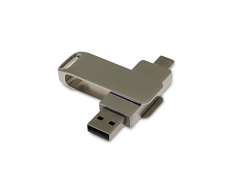USB-флешка на 16 Гб поворотный механизм 2 в 1, c дополнительным разъемом Type-C с одноцветным металлическим клипом, серый