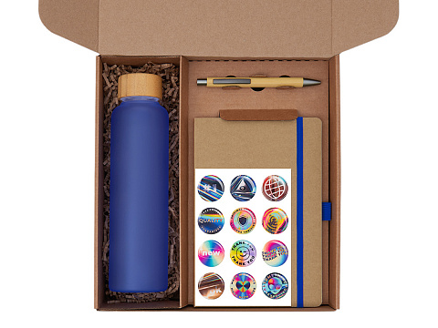 Подарочный набор с бутылкой для воды. блокнотом, ручкой и подставкой для телефона, синий - рис 2.