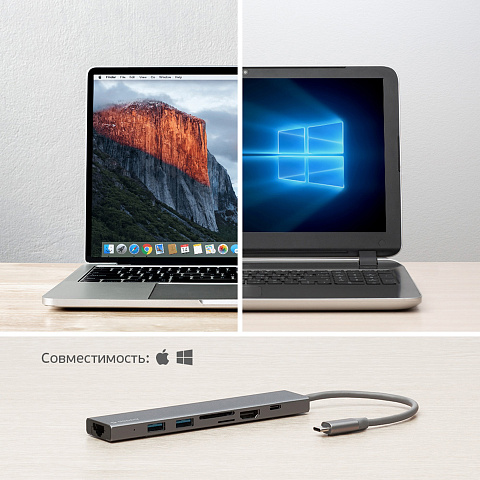 USB Type-C хаб 7-в-1, HDMI, Power Delivery, 2xUSB 3.0, RJ45, microSD/SD, графит, Deppa - рис 4.