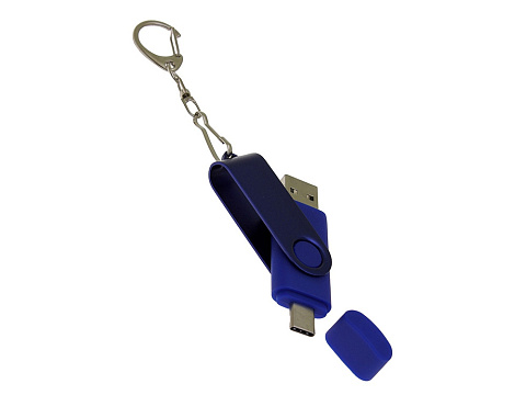 USB-флешка на 16 Гб 2 в 1 поворотный механизм, c дополнительным разъемом Type-C с одноцветным металлическим клипом, синий - рис 4.