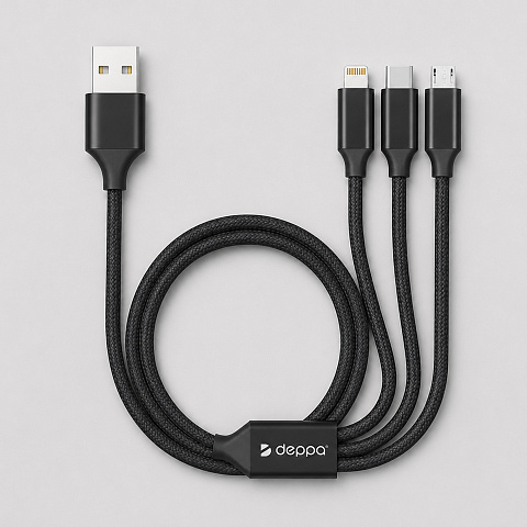 Дата-кабель 3 в 1: micro USB, USB-C, Ligthning, алюминий, 1.2м, черный, Deppa