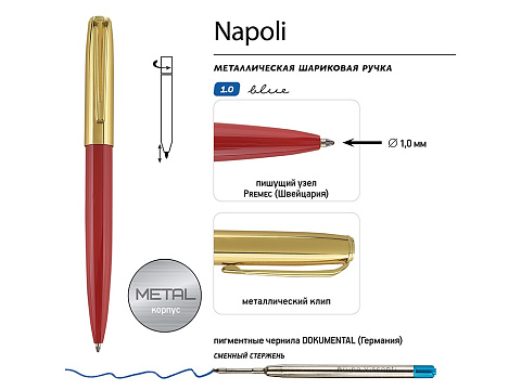 Ручка металлическая шариковая Napoli, красный/золотистый - рис 3.